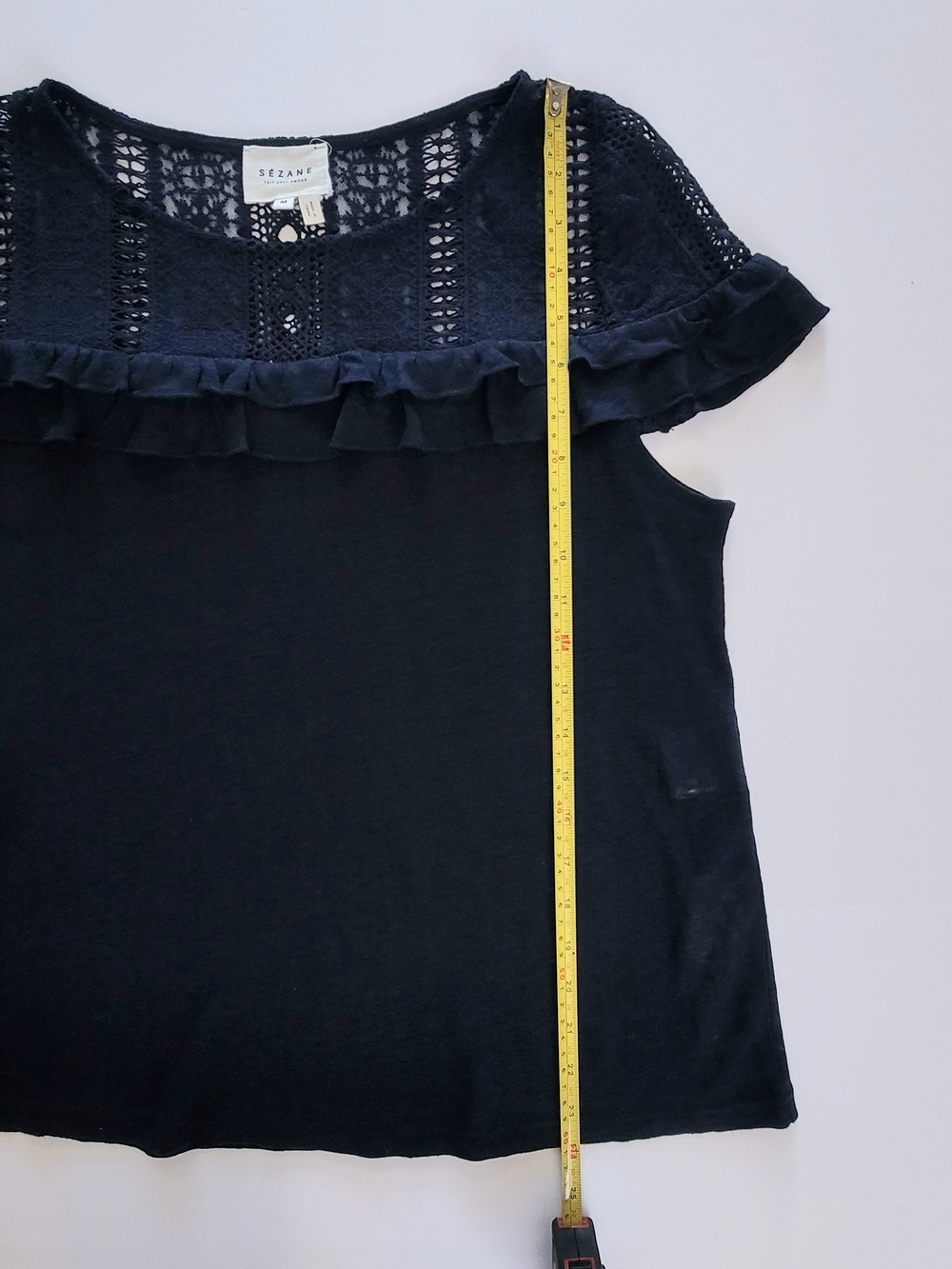 Sezane Lucette 100% Linen Lace and Ruffle T-shirt Top, Navy, Size M - Picture 7 of 9